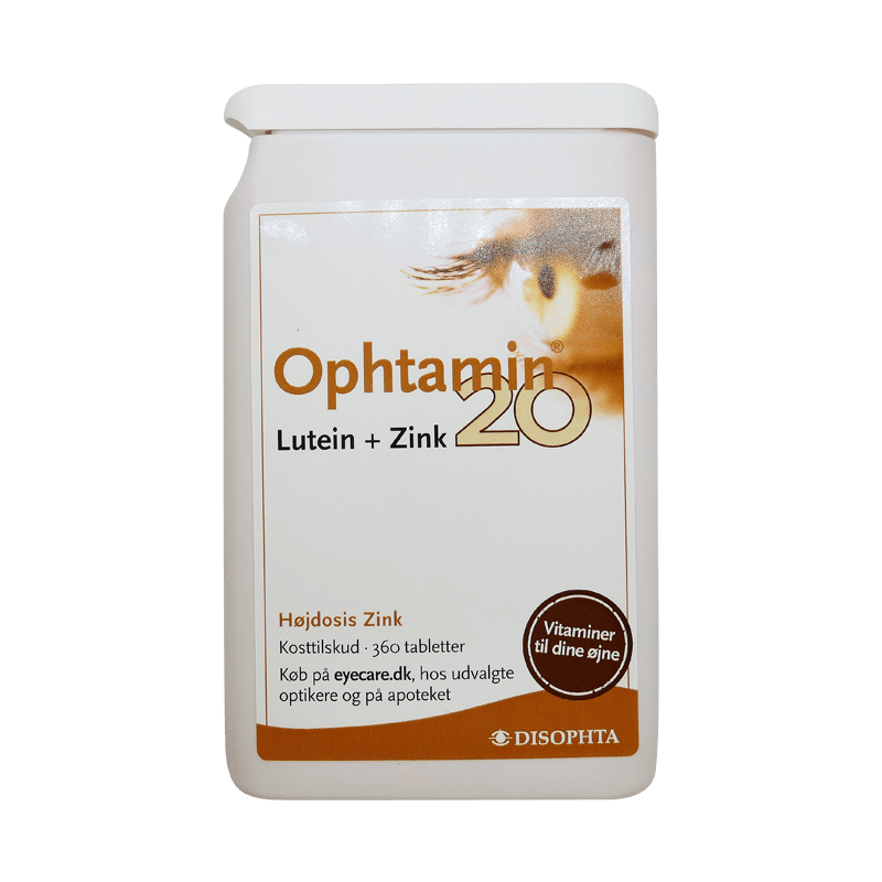 Opthamin 20 Lutein + Zink tabletter er et kosttilskud, der er udviklet til at understøtte et almindeligt syn ved hjælp af zink, C-vitamin og E-vitamin